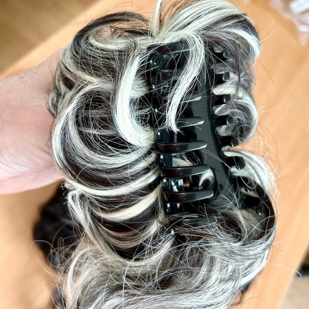 New hair pieces lot of 4 synthetic claw clip gray & rest scrunchies coffee color